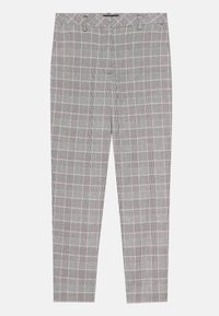 Pantalons à carreaux gris avec un motif écossais, présentant une coupe droite, des passants de ceinture et des poches latérales. Le tissu semble lisse et léger.