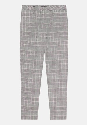 Pantaloni a quadri grigi con un motivo a check, dotati di una linea dritta, passanti per cintura e tasche laterali. Il tessuto sembra liscio e leggero.