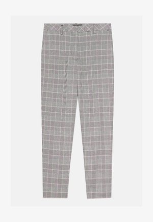 Harmaat ruudulliset housut, joissa on tarkkuuskuvio, suora leikkaus, vyölenkit ja sivutaskut. Kangas näyttää sileältä ja kevyeltä.