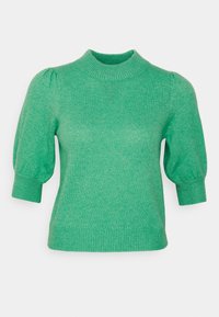 Groene gebreide trui met een ronde halslijn, korte pofmouwen en geribbelde boorden en zoom. Zachte textuur en lichtgewicht ontwerp.