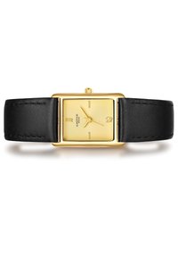 Reloj rectangular dorado con un dial amarillo texturizado y correa de cuero negra. Las características incluyen una corona y marcadores de horas minimalistas.