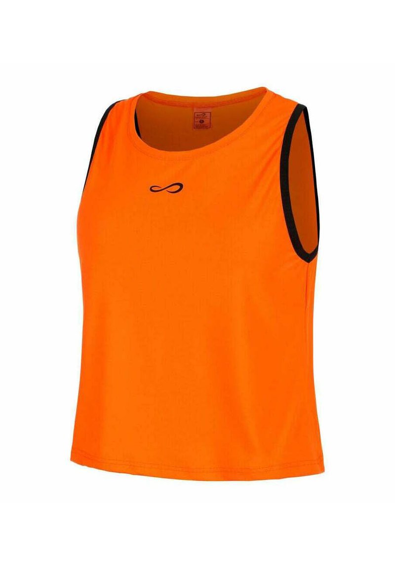 Oranje sporttanktop met zwarte afwerking, gemaakt van lichtgewicht stof. Beschikt over een ronde halslijn en een oneindigheidslogo op de voorkant.