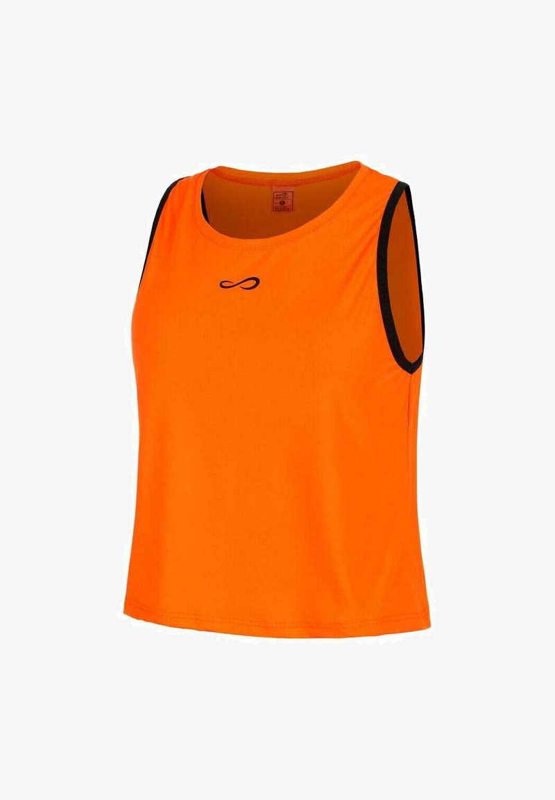Oranje sporttanktop met zwarte afwerking, gemaakt van lichtgewicht stof. Beschikt over een ronde halslijn en een oneindigheidslogo op de voorkant.