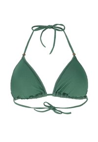 Zelený trojuholníkový bikiny top s nastaviteľnými šnúrkami, textúrovaným materiálom, nariasenými okrajmi a dekoratívnymi zlatými kovovými doplnkami.