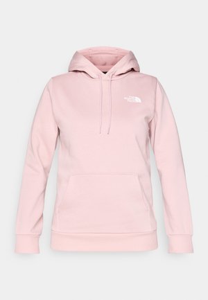 Light pink hoodie with a front pocket, adjustable drawstring hood, and white logo. Made of soft fabric with ribbed cuffs and hem.