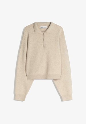 Beige gyapjú póló pulóver, galléros nyakkal, gombos záródással, rövidített szabással és hosszú, enyhén oversized ujjakkal, bordázott mandzsettával.
