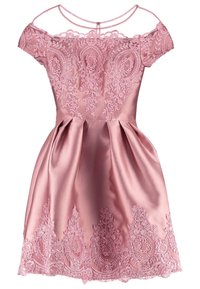 Pink satin dress with off-shoulder design, adorned with intricate lace detailing and floral patterns, features a flared skirt silhouette.