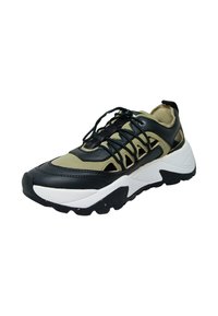Black and olive sneaker with a textured finish, featuring a lace-up design, cutouts, and a white, chunky sole.