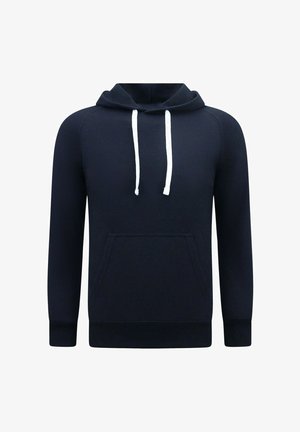 Navyblauwe hoodie met een voorzak, witte trekkoorden en ribgebreide manchetten. Gemaakt van zachte materialen, met een klassiek pullover ontwerp.
