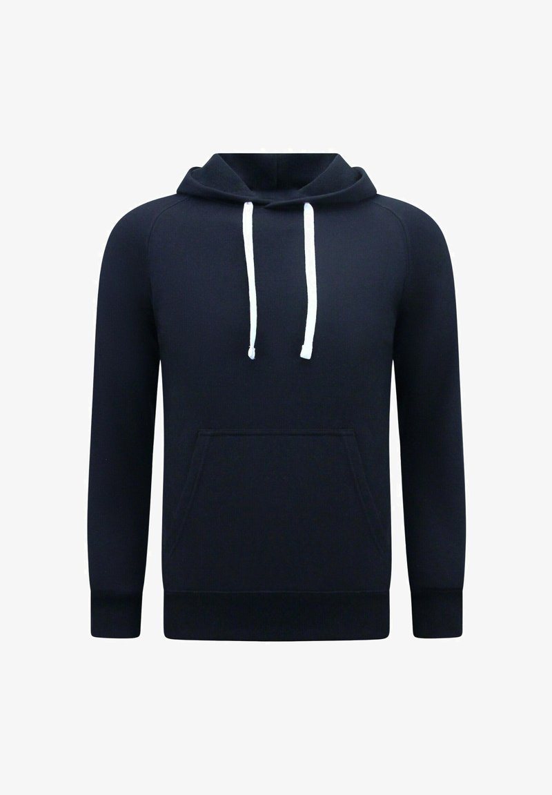 Navyblauwe hoodie met een voorzak, witte trekkoorden en ribgebreide manchetten. Gemaakt van zachte materialen, met een klassiek pullover ontwerp.
