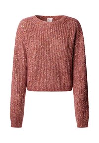 Ροζ κοντό πουλόβερ με ανάγλυφη υφή, μακριά μανίκια και στίγματα σε αποχρώσεις πορτοκαλί και λευκού. Στρογγυλή λαιμόκοψη, πλεκτό ύφασμα.