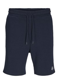 Navy blue jogging shorts made of soft fabric, featuring an elastic waistband with drawstring, and a white logo accent on the bottom right.