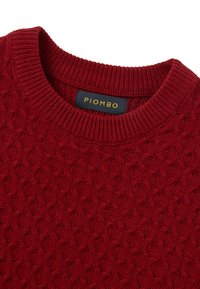 Roter Strickpullover mit strukturiertem Muster und geripptem Ausschnitt. Verfügt über ein "PIOMBO"-Etikett in Schwarz und Gold. Weicher, detaillierter Stoff.