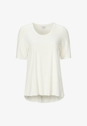 Witte t-shirt met korte mouwen, gemaakt van zachte stof en met een ronde halslijn. Heeft een ontspannen fit en een iets langere achterzoom.