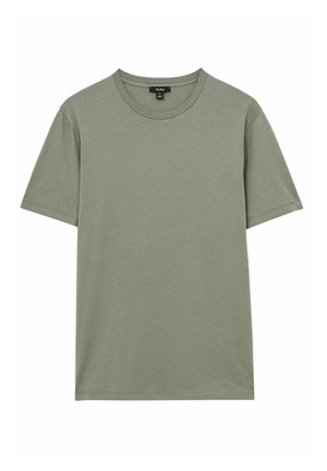 Tricou cu mânecă scurtă, de tip crew-neck, în culoare verde măsliniu, realizat din bumbac ușor, cu o textură netedă și fără modele sau accente vizibile.