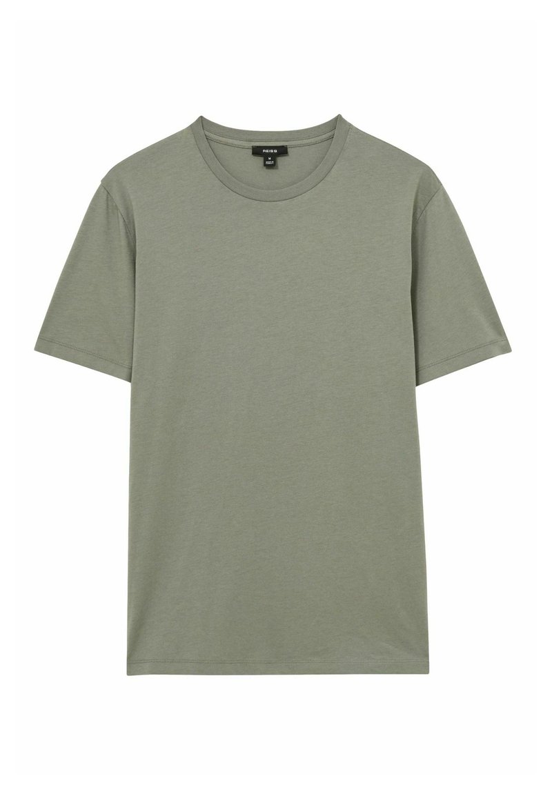 T-shirt a maniche corte, con collo rotondo, di colore verde oliva, realizzato in cotone leggero, con una texture liscia e senza motivi o accenti visibili.