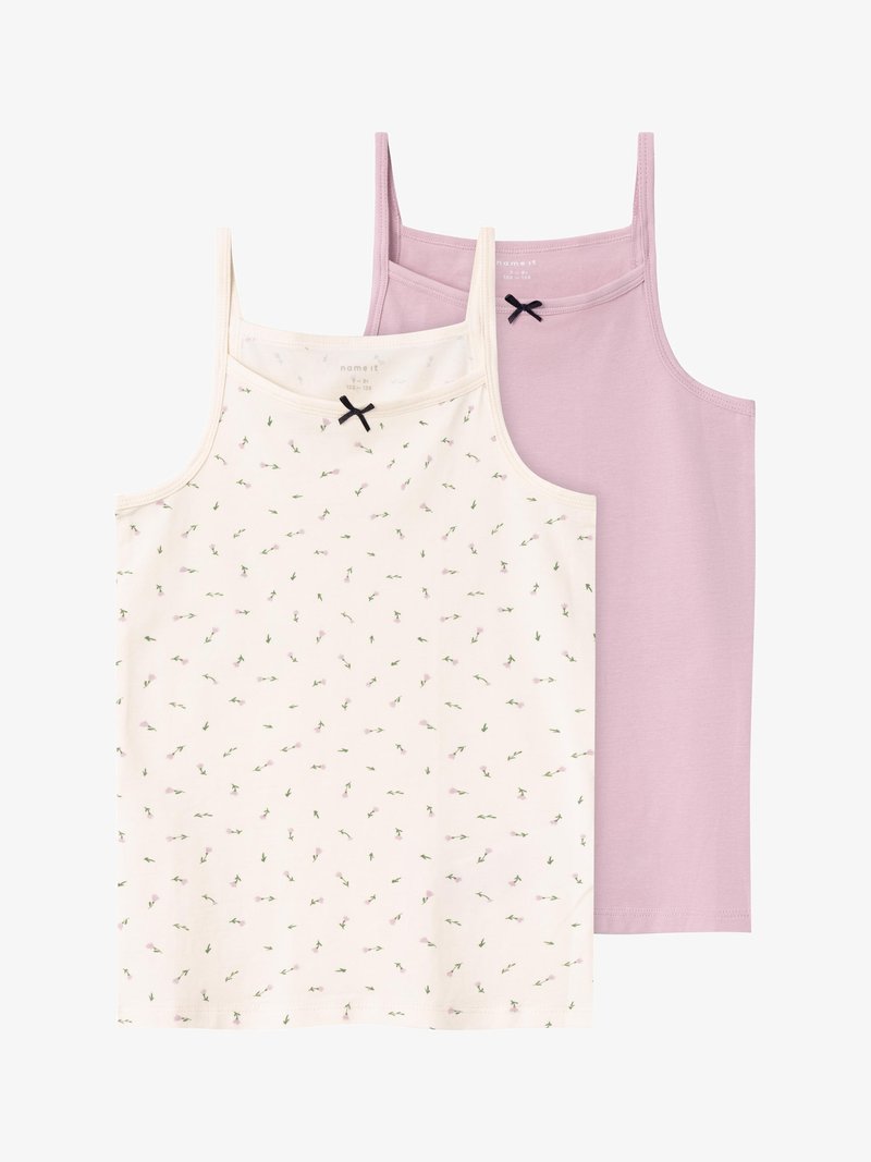 Duas camisolas sem mangas: uma em creme com um padrão floral e outra em roxo claro. Ambas apresentam alças finas e um detalhe em laço preto.