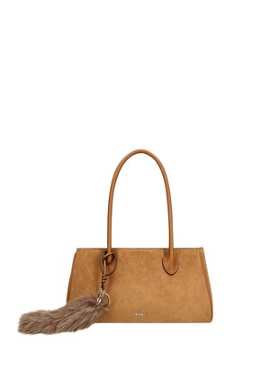Brown suede handbag with two handles and a long fluffy keychain attached on the left side against a white background.