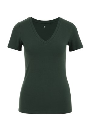 Tricou slim fit verde închis cu mânecă scurtă și decolteu în V, mărimea mică, cu textură netedă și design simplu.