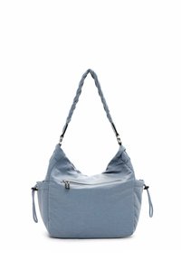 Sac à épaule en nylon bleu clair avec une anse tressée, poche zip extérieure et corps doux et texturé. Présente des accents à cordon de serrage réglables.