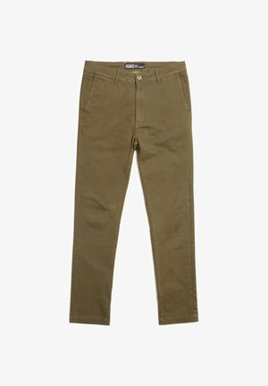 Olijfgroene chino's gemaakt van een katoen/polyester blend. Kenmerken een knoopsluiting, zijzakken en een rechte pijpdesign. Soepele textuur.