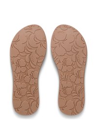 Ταμπά πέλματα με ανάγλυφο σχέδιο λουλουδιών και το όνομα της μάρκας "ROXY." Ομαλή υφή με ανάγλυφα μοτίβα από λουλούδια ιβίσκου.