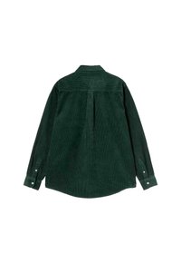 Donkergroene corduroy overhemd met lange mouwen, voorzien van een rugplooi en knoopsluitingen op de mouwen, gezien van achteren op een witte achtergrond.