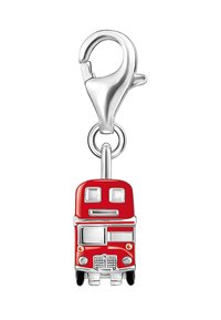 Portachiavi con moschettone in argento e ciondolo a forma di autobus a due piani rosso, con dettagli di finestre, fari e griglia.