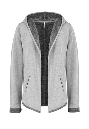 Hellgraue Kapuzenjacke mit dunkelgrauem, weichem Fleece-Futter, offenem Vorderteil, seitlichen Taschen und Fleecebesatz an Bündchen und Saum.