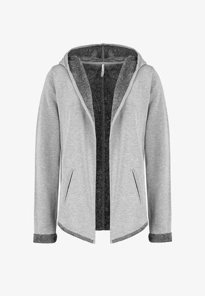 Hellgraue Kapuzenjacke mit dunkelgrauem, weichem Fleece-Futter, offenem Vorderteil, seitlichen Taschen und Fleecebesatz an Bündchen und Saum.