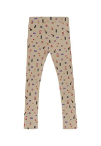 Beige gerippte Leggings mit elastischem Bund, dekoriert mit verstreuten kleinen Formen in Rot, Lila, Pfirsich und Schwarz.