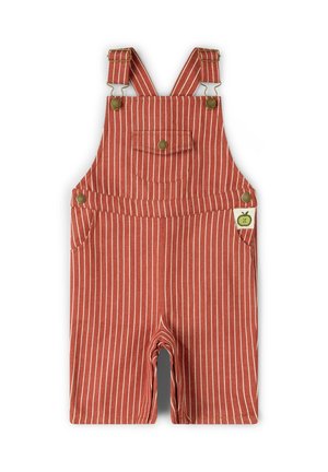 Rust red and white striped toddler overalls with adjustable straps, front pocket with button, and an apple patch on the side pocket.
