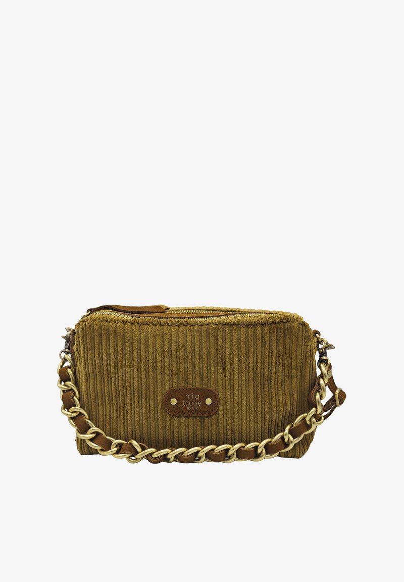 Sac en velours côtelé marron avec une surface texturée, chaîne en métal doré et accents en cuir. Équipé d'une fermeture zippée et d'un détail de logo.