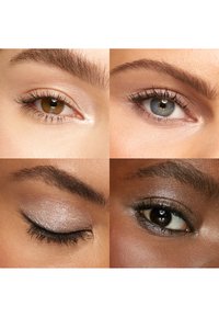 Cztery zbliżenia oczu, ukazujące różne kolory: brązowy, niebieski i ciemny. Zawiera szczegóły takie jak rzęsy i kształty brwi.