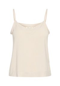Camisole beige chiaro realizzato in tessuto morbido, con sottili spalline regolabili e scollatura a V, dal fit leggermente rilassato.