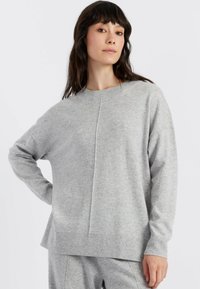 Hellgrauer Pullover aus weichem Strickstoff. Verfügt über einen Rundhalsausschnitt, lange Ärmel, gerippten Saum und eine genähte Mittelnaht.