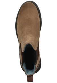 Brown suede ankle boot with elastic side panels, a rounded toe, and a black rubber sole. Features a pull tab and soft blue lining.