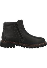 Svarta läderankelboots med en sidogdrom, kontrasterande vit sömnad och en slitstark sula för ökad grepp och hållbarhet.