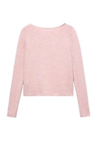 Pull léger rose clair avec col rond, manches longues, texture côtelée, ourlet droit et sans motifs ou accents distincts.