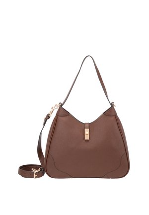 Braune Lederschultertasche mit goldfarbenem Verschluss und abnehmbarem Riemen, schlichtes Design, abgerundete Form und strukturierte Oberfläche.