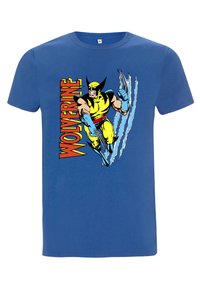 Modré bavlněné tričko s grafikou Wolverina v žluté a černé barvě s drápy, text "WOLVERINE" v červené, krátké rukávy, kulatý výstřih.