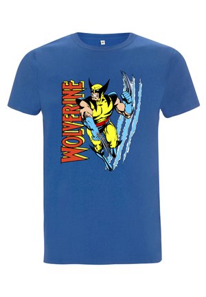 Modré bavlněné tričko s grafikou Wolverina v žluté a černé barvě s drápy, text "WOLVERINE" v červené, krátké rukávy, kulatý výstřih.