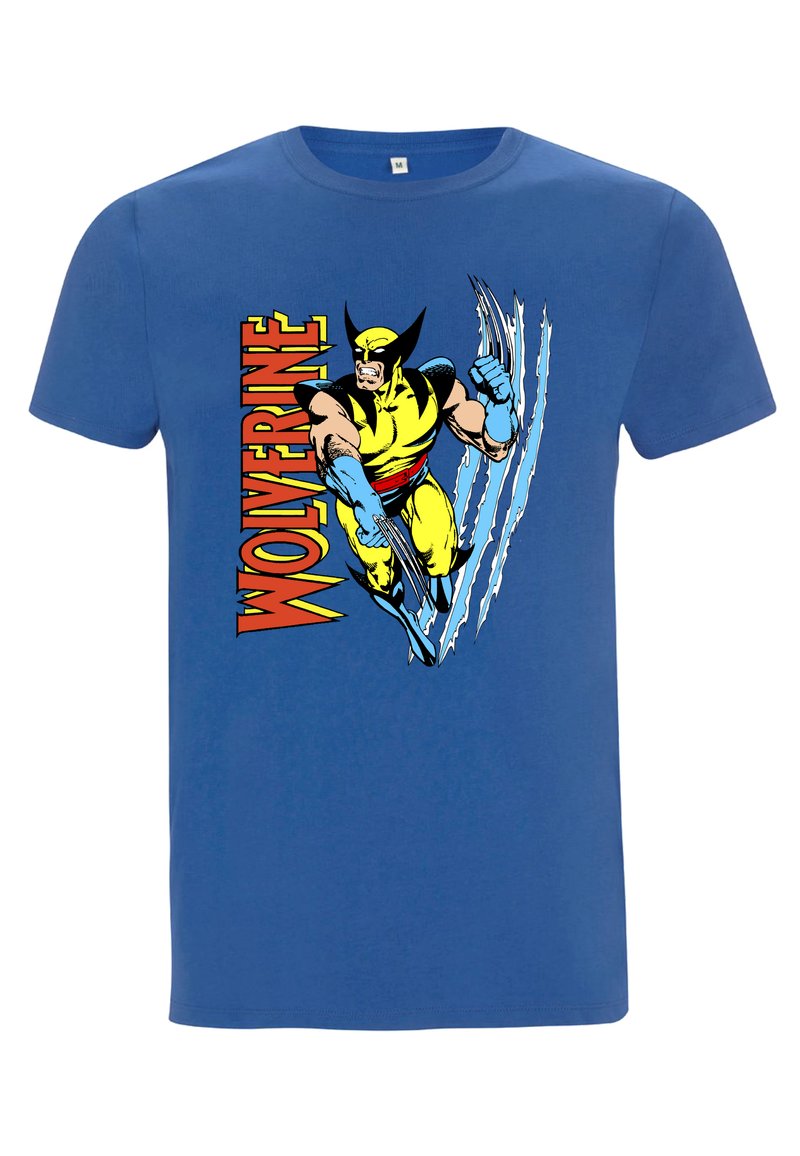 Modré bavlněné tričko s grafikou Wolverina v žluté a černé barvě s drápy, text "WOLVERINE" v červené, krátké rukávy, kulatý výstřih.