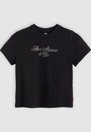 Must musta särk lühikeste varrukatega ja ümmarguse kaelusega, mille esiosas on valge tikandiga tekst "Levi Strauss & Co.".