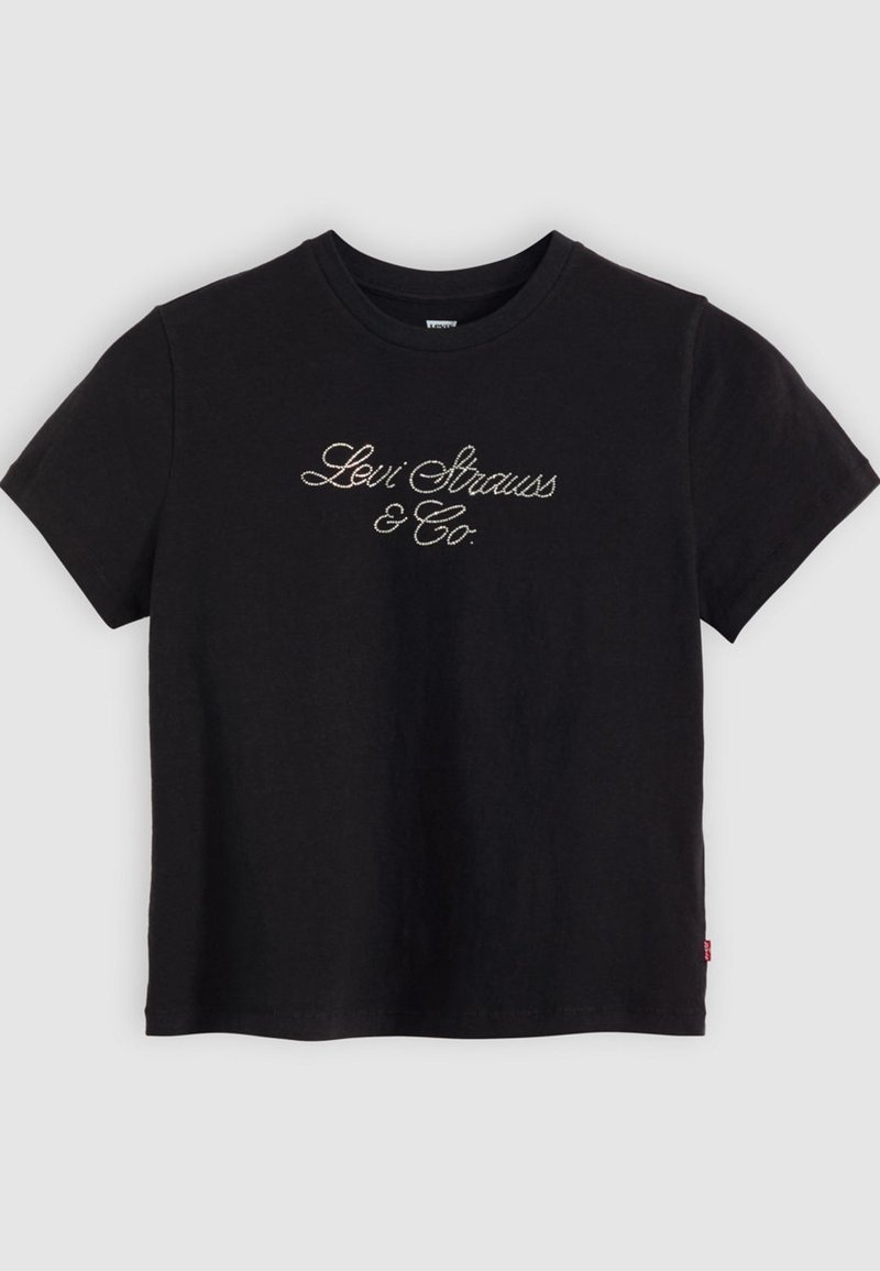 T-shirt en coton noir à manches courtes et col rond, avec un texte brodé blanc "Levi Strauss & Co." sur le devant.