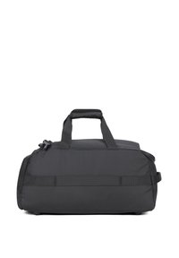 Borsa da viaggio nera in tessuto resistente. Presenta due manici robusti, una cerniera laterale e un fondo ampio e arrotondato per la stabilità.