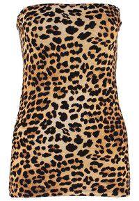 Haut bustier à imprimé léopard avec une coupe ajustée, confectionné dans un tissu lisse avec un fond beige et des taches noires partout.