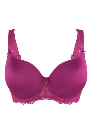 Magenta bra with smooth fabric and lace trim. Features cushioned straps, a center bow detail, and a seamless underwire design.