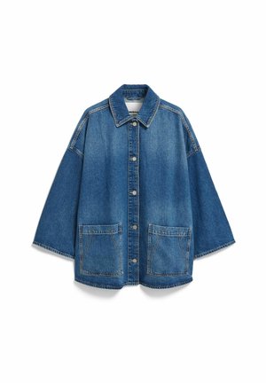 Light blue denim jacket with a collared neckline, snap buttons, loose fit, and two front patch pockets. Features contrasting stitching.