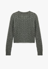 Harmaan joustinneuleen paita, jossa pyöreä pääntie, pitkät hihat ja lyhyt helma. Ribbattu hihansuut ja helma lisäävät tekstuuria.